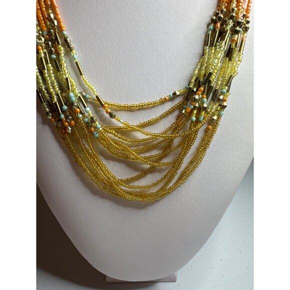 Seed Bead Statement Necklace Yellow Orange Turquoise Adjustable Lobster Clasp - Picture 5 of 7